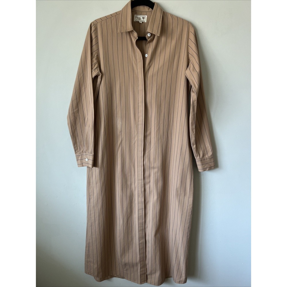 Mille Resort & Travel Cotton Midi Shirt Dress Khaki Tan Blue Pinstripe Size XS